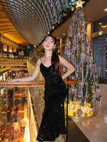 Velvet Sequins Women Strap Midi Dress GOELIA