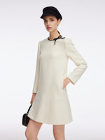 100% Wool Contrast Trim Neck A-Line Women Mini Dress GOELIA