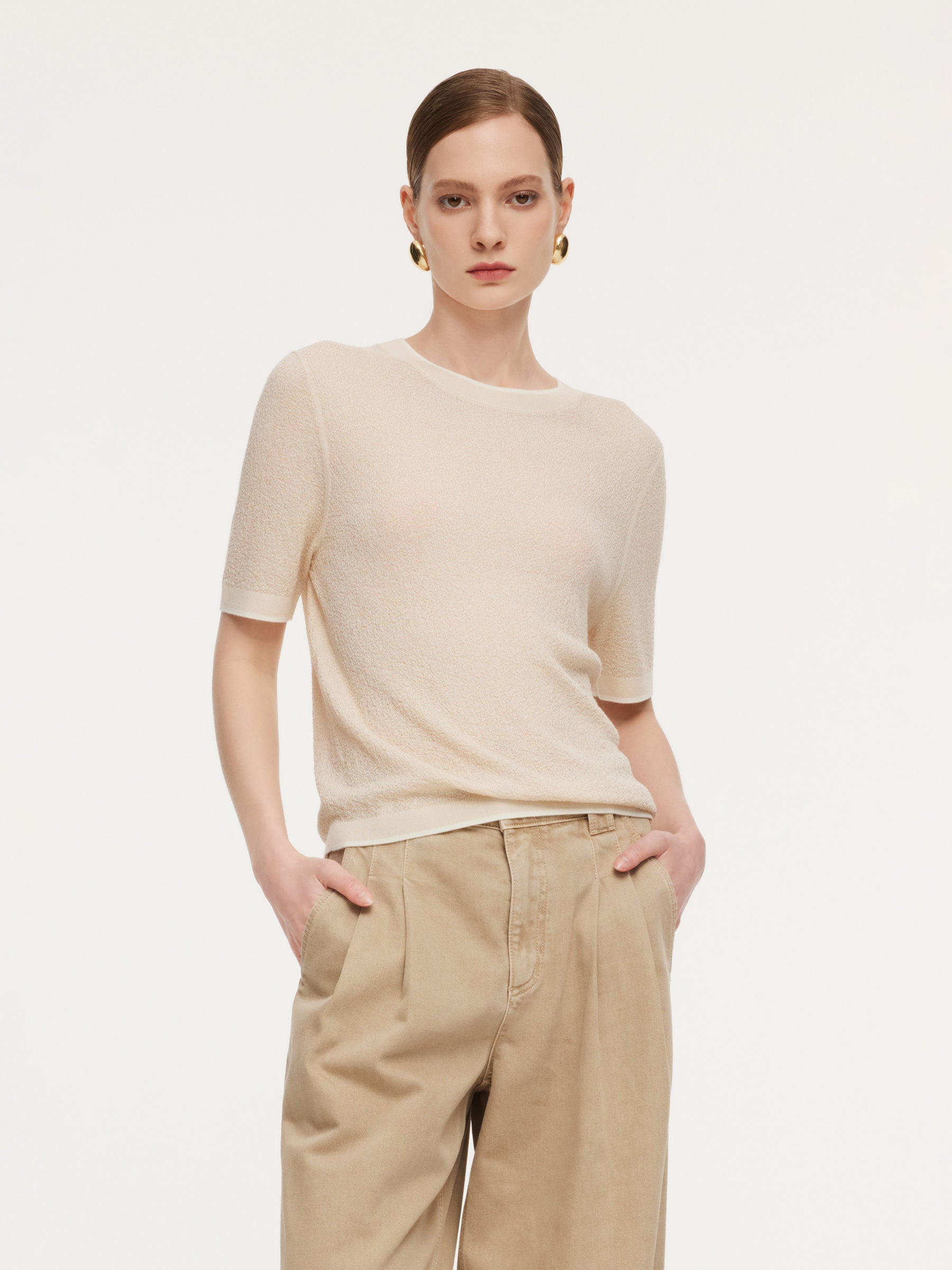 Triacetate Tencel Blend Contrast Trim Women Knit Top GOELIA