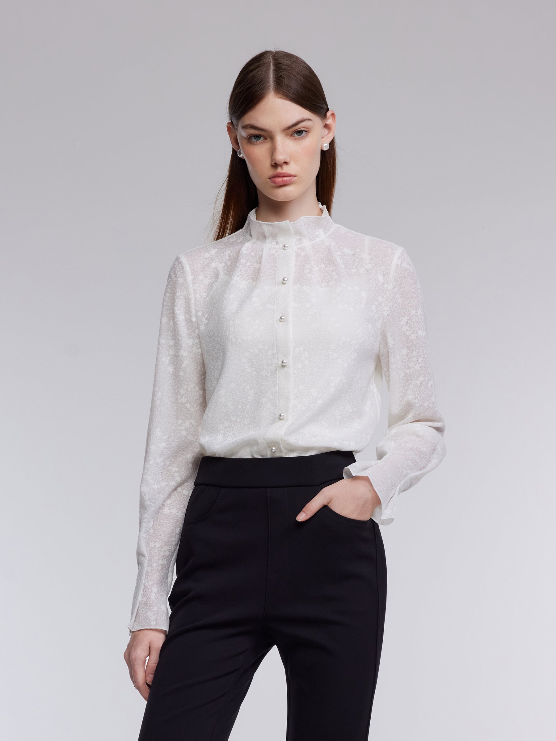 Jacquard Ruffle Collar Women Knit Shirt With Camisole GOELIA