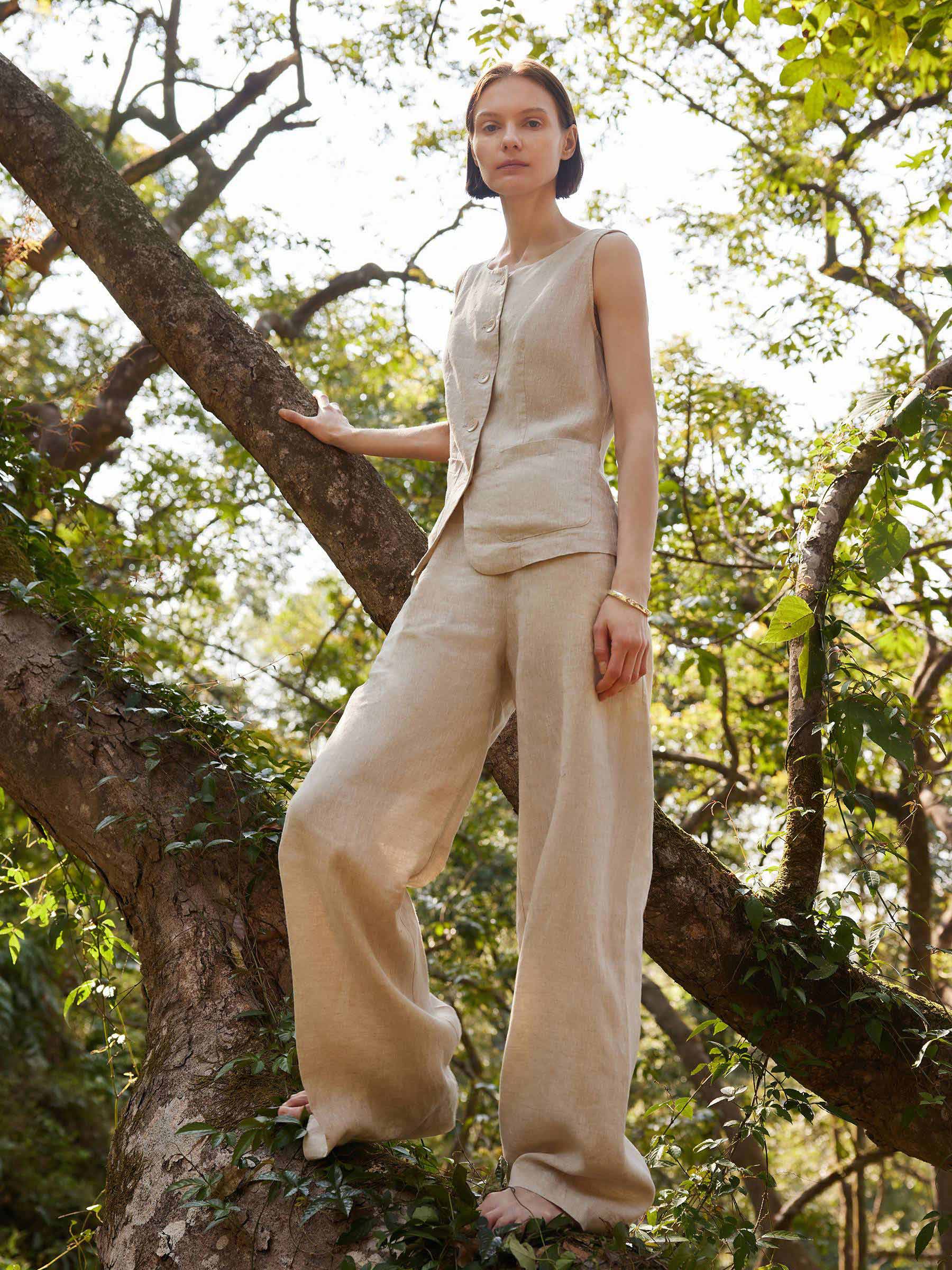 100% Linen Vest And Pants Two-Piece Set GOELIA