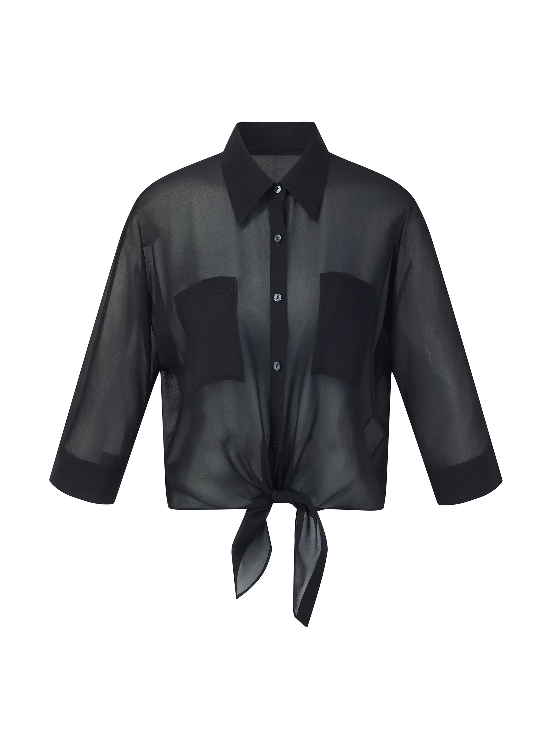 [Preview] 10MM Mulberry Silk Tie Front Women Sheer Shirt GOELIA
