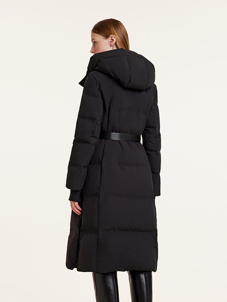 Hooded Gathered Waist Long Goose Down Garment With Belt – GOELIA