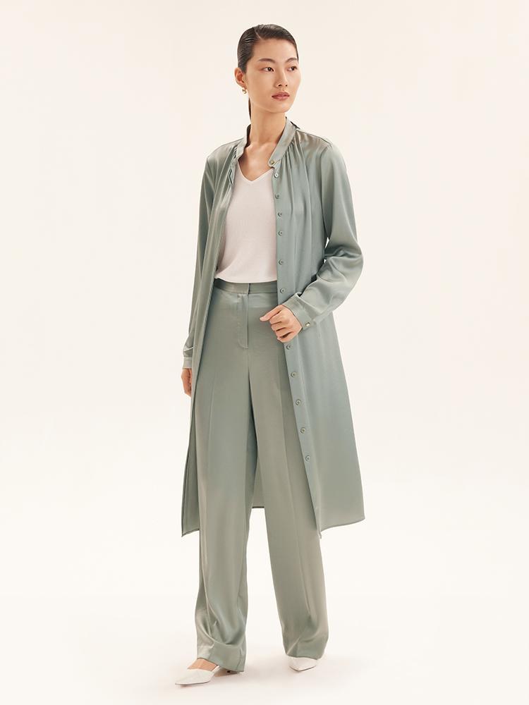 Triacetate Long-Sleeve Slim Midi Collared Dress GOELIA