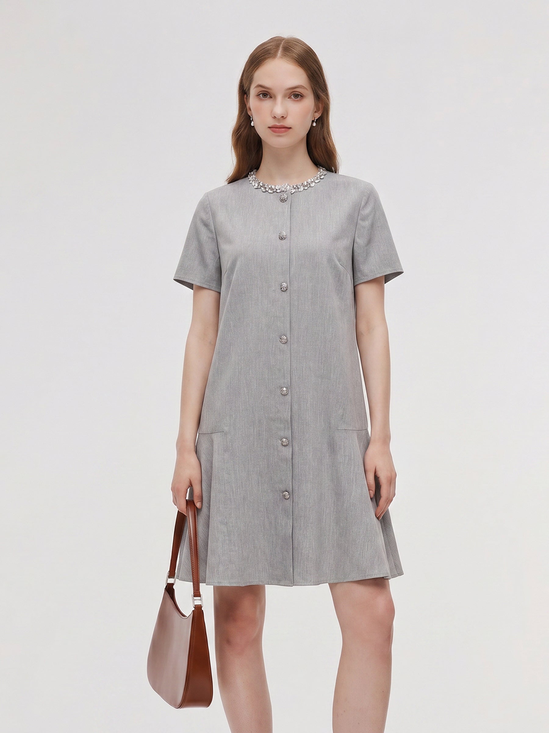 Tencel Linen Blend Sequined Round Neck Women Mini Dress GOELIA