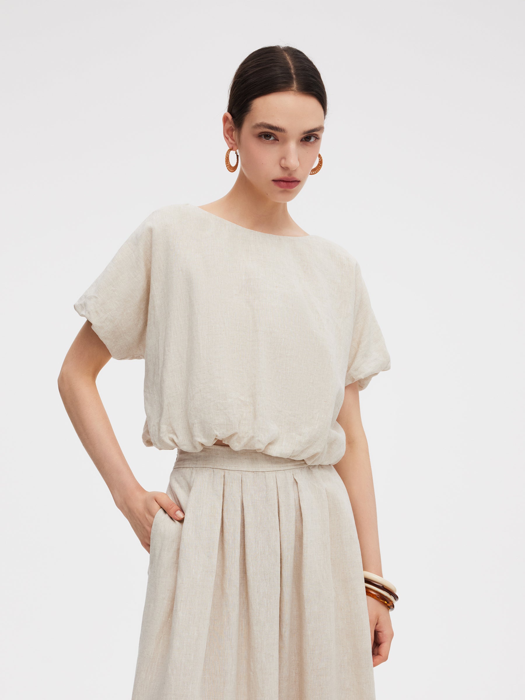 100% Linen Women Bud Sleeve Top GOELIA