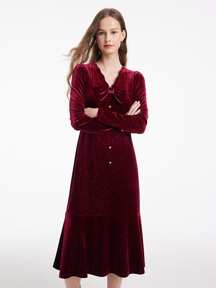 Detachable Bowknot Velvet Midi Women Dress GOELIA