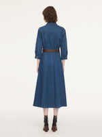 Denim Gathered Waist Women Maxi Dress With Belt GOELIA