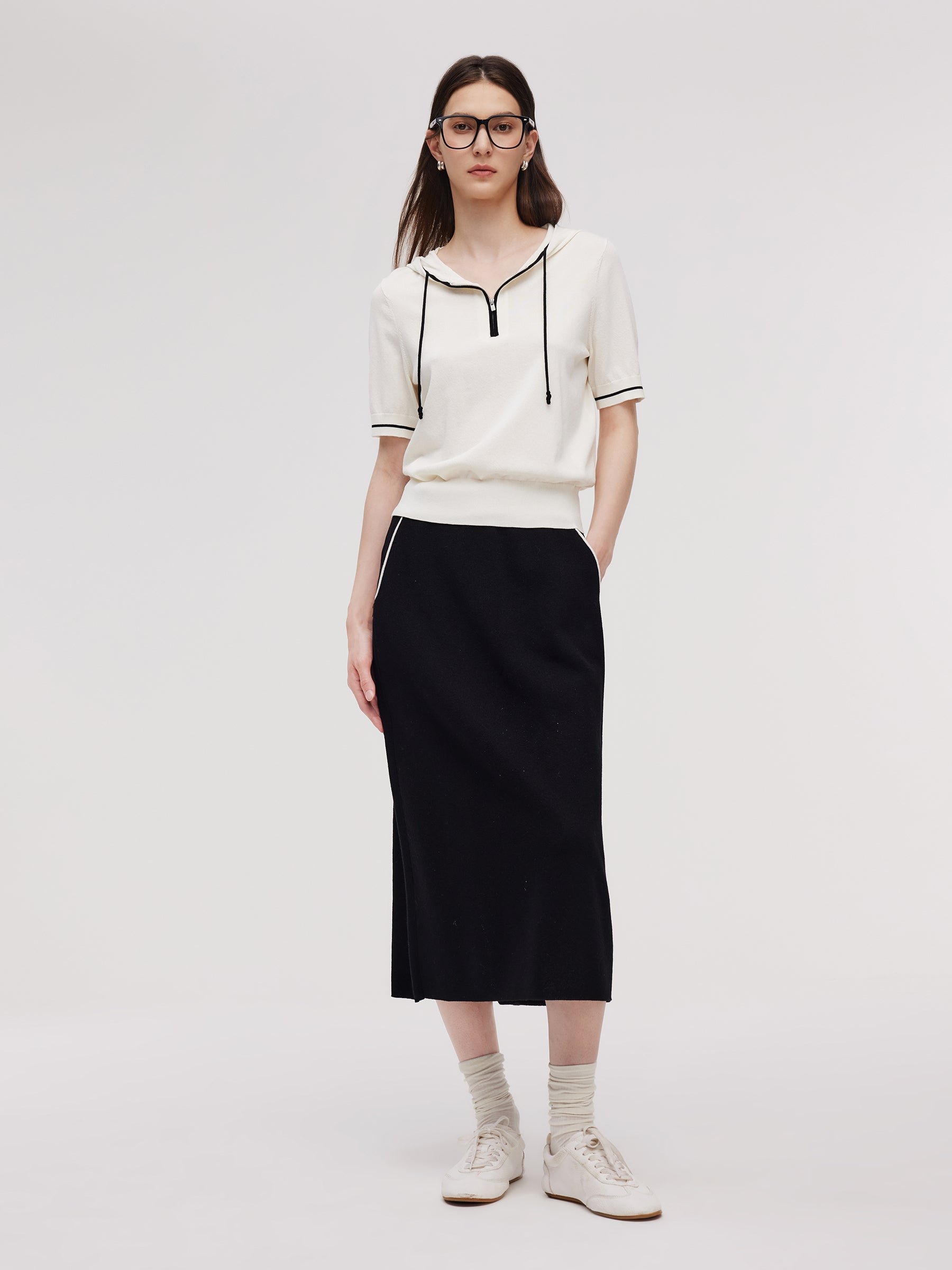 【GENERAL IDEA】Tencel Collar Layered Half Pullover Tencel Blend Half Zip Short Sleeve Knit Hoodie And Skirt Two