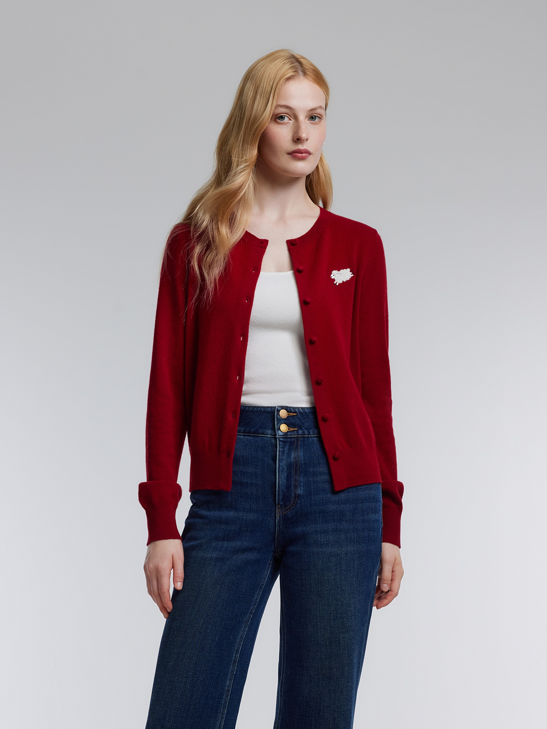100% Wool Sheep Embroidered Women Cardigan GOELIA