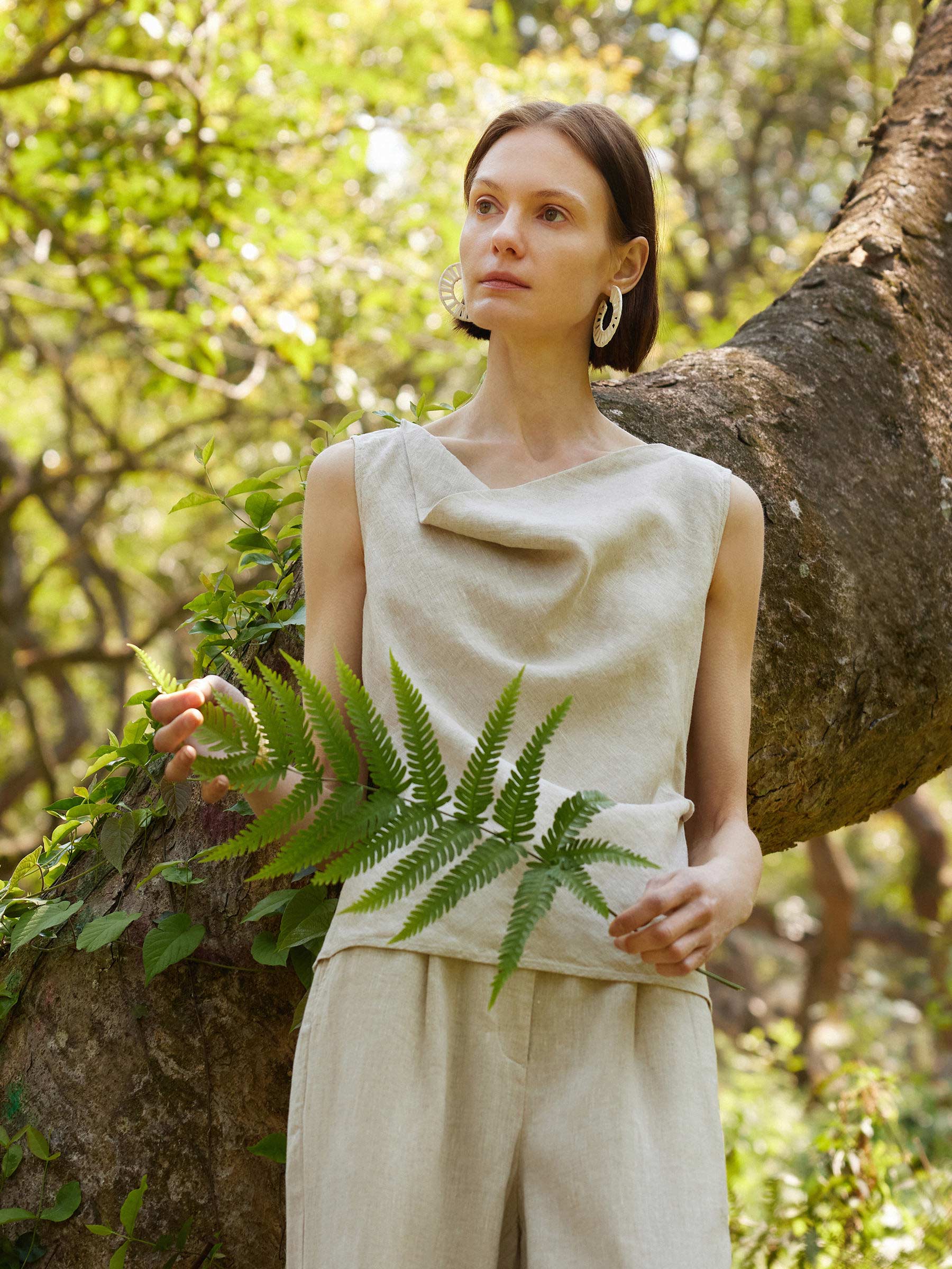 100% Linen Cowl Neck Women Tank Top GOELIA