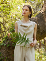 100% Linen Cowl Neck Women Tank Top GOELIA