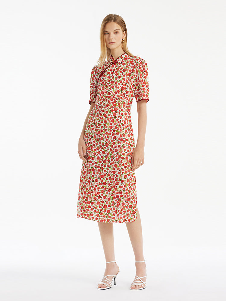 Red Rose Print Cheongsam Women Qipao Midi Dress GOELIA
