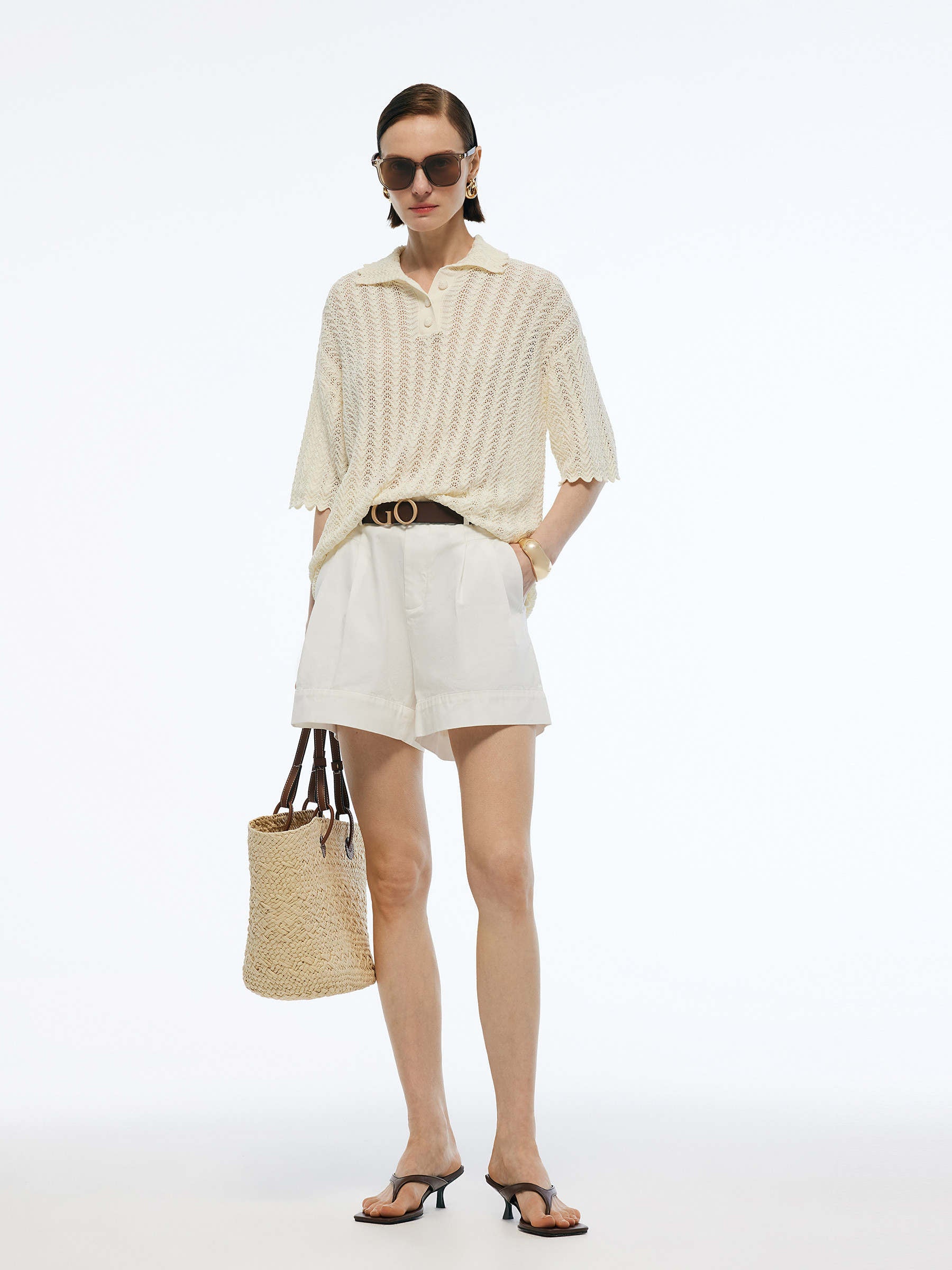 100% Cotton Openwork Women Knit Polo Top GOELIA