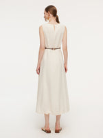 100% Ramie Bubble Hem Women Sleeveless Maxi Dress With Tie String Belt GOELIA