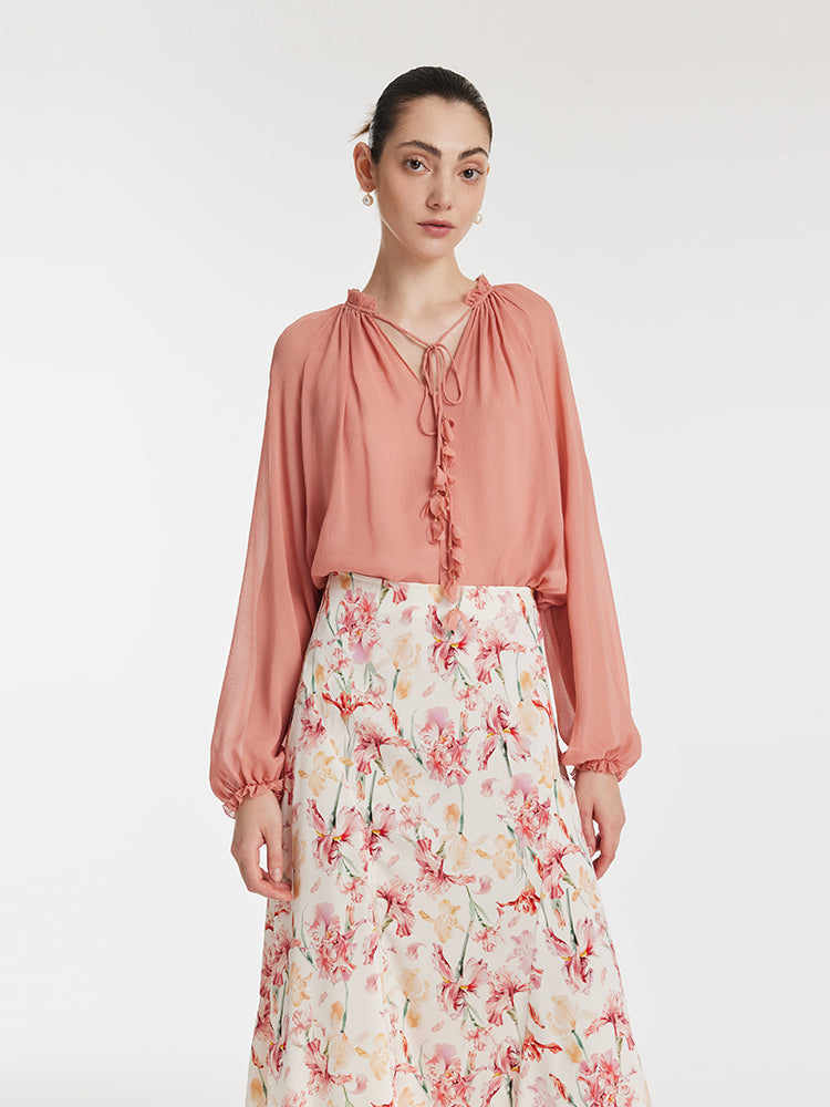 12 Momme Mulberry Silk Ruffle Trim Women Blouse With Bottomed Camisole GOELIA