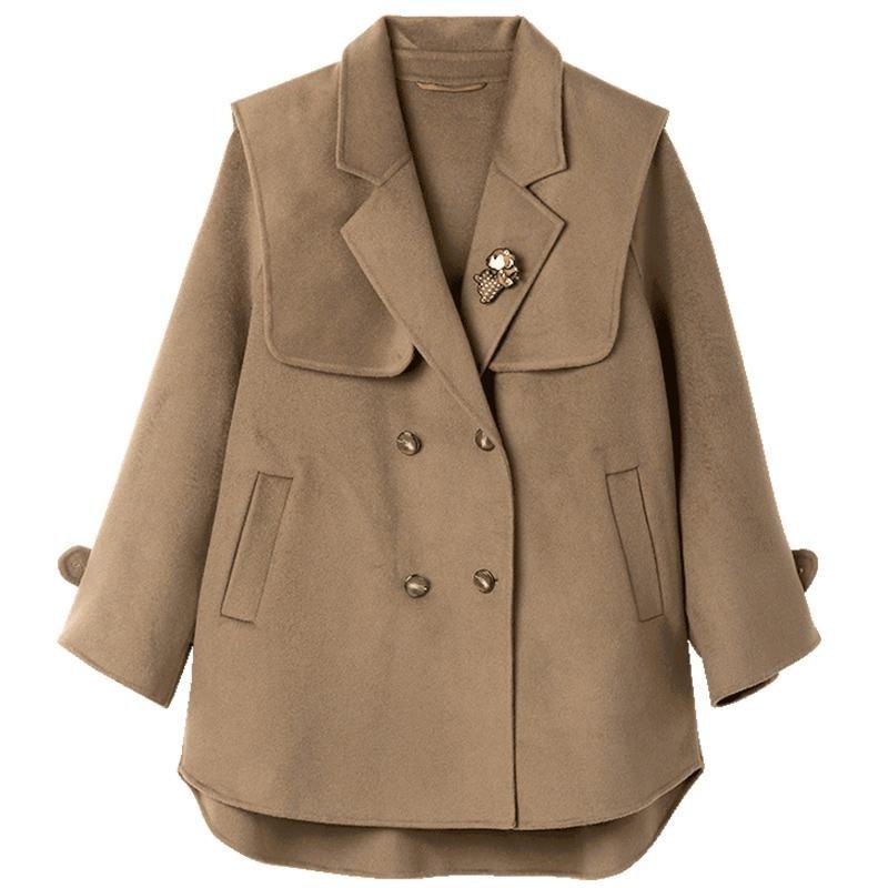Tencel Woolen Double-Faced Coat With Detachable Shawl And Brooch GOELIA