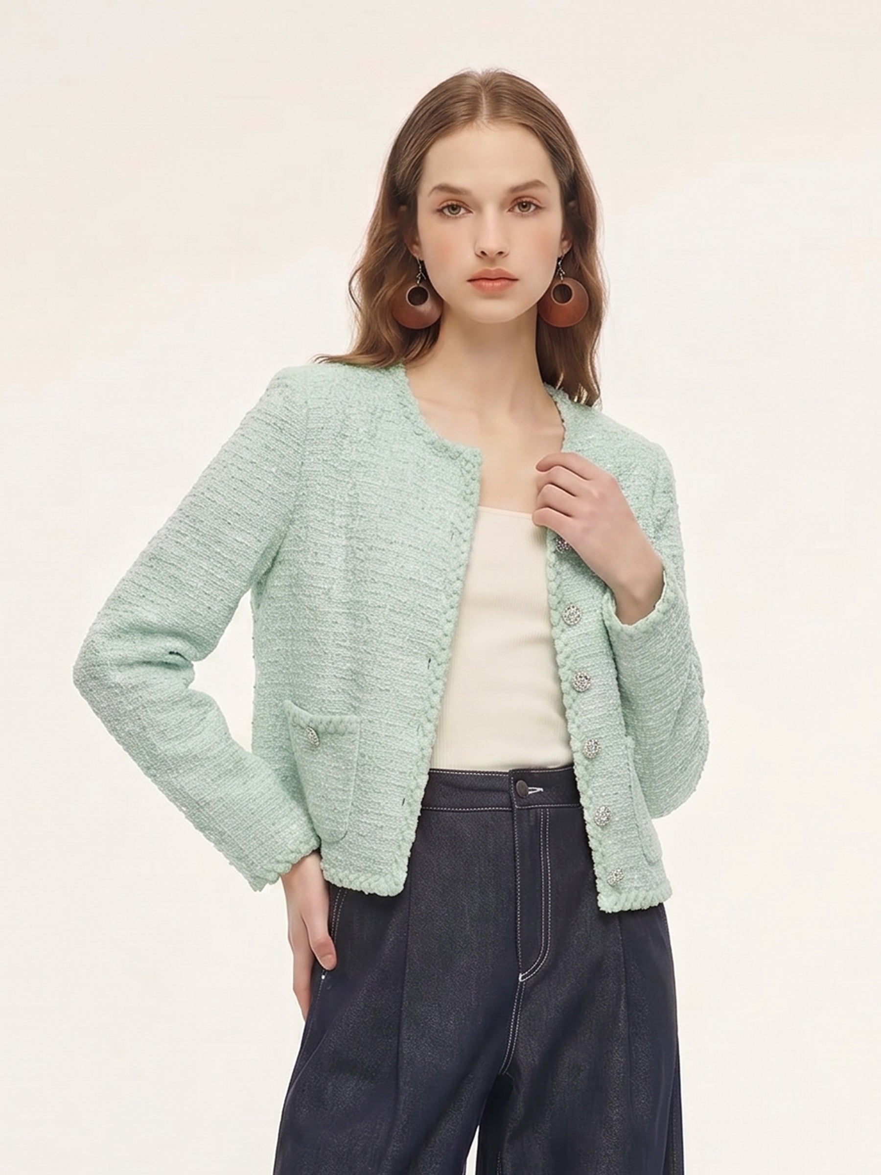 Round Neck Single-Breasted Women Textured Cardigan GOELIA