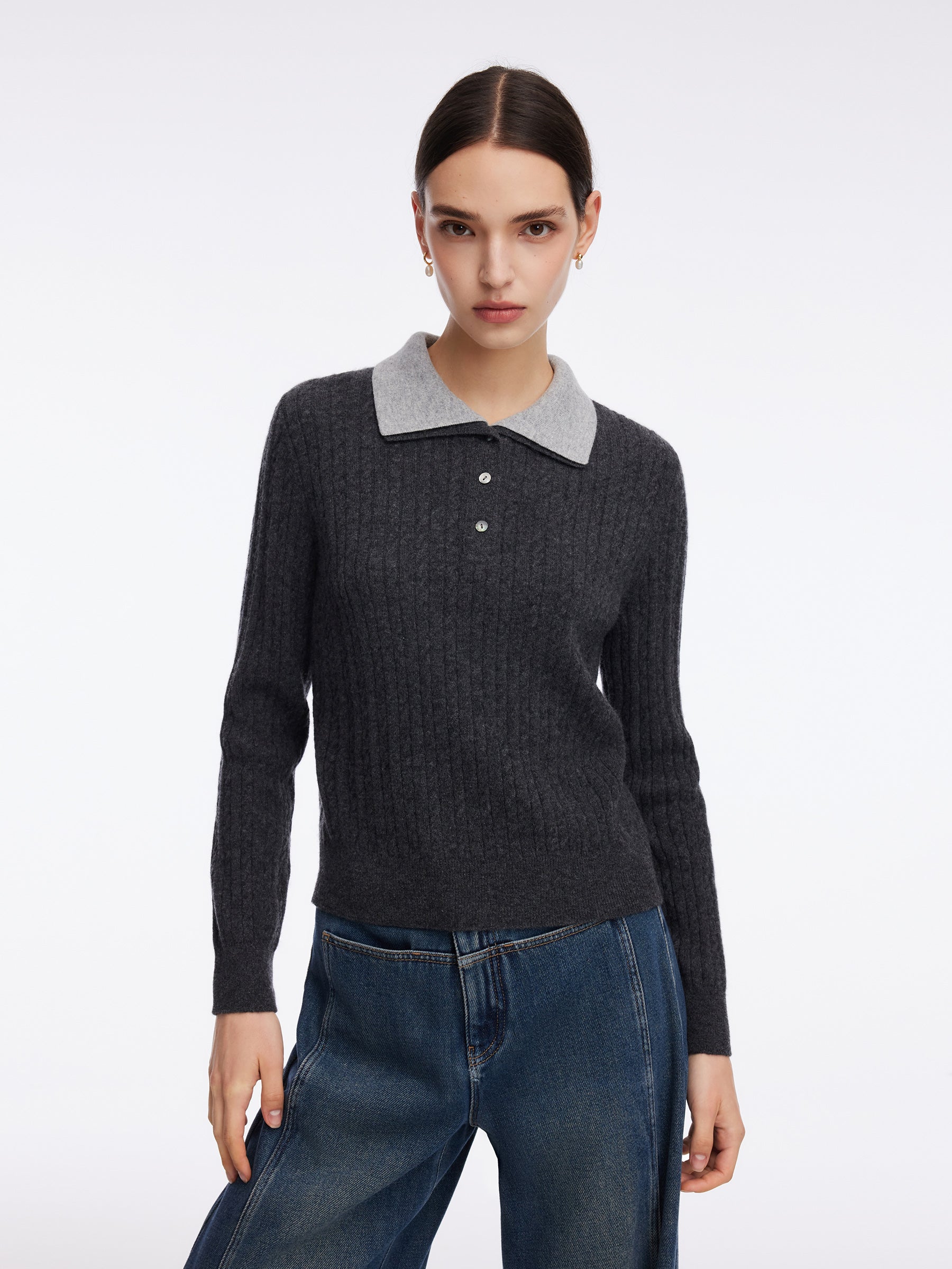 [Preview] 100% Wool Faux Two-Piece Lapel Women Knit Top GOELIA