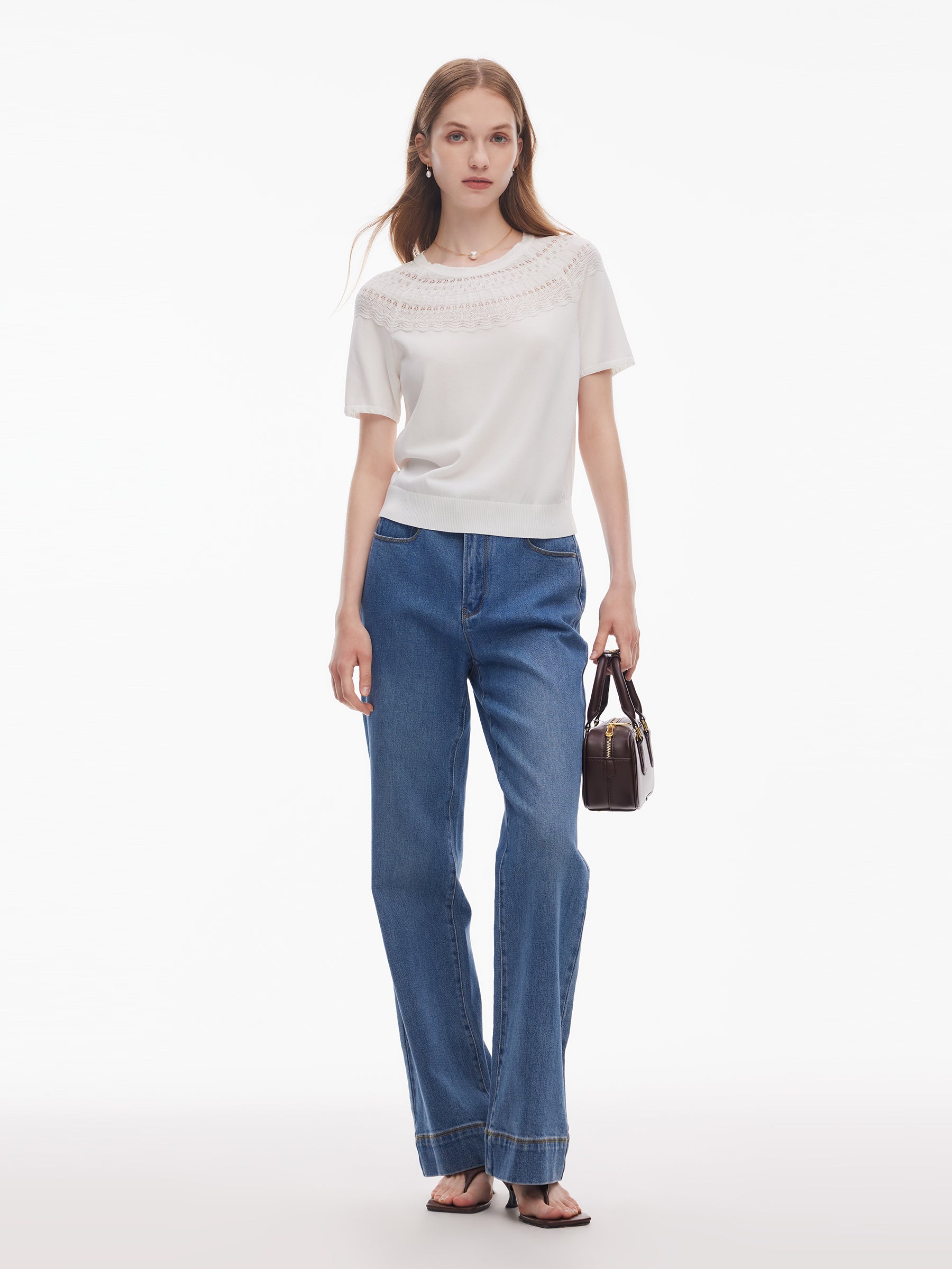 Tencel Blend Openwork Women Ruffle Round Neck Knit Top GOELIA