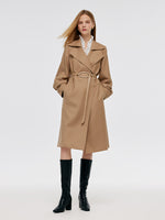 Worsted Wool Lantern Sleeve Women Trench Coat With Leather Belt GOELIA