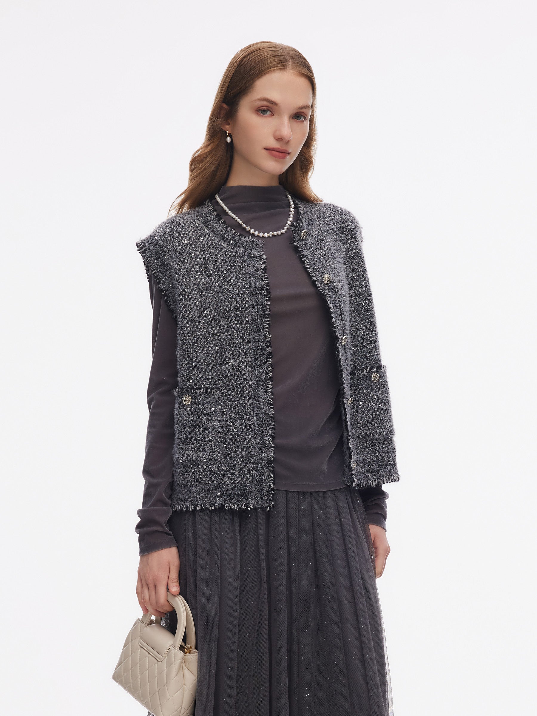 Frayed Trim Sequins Women Vest GOELIA