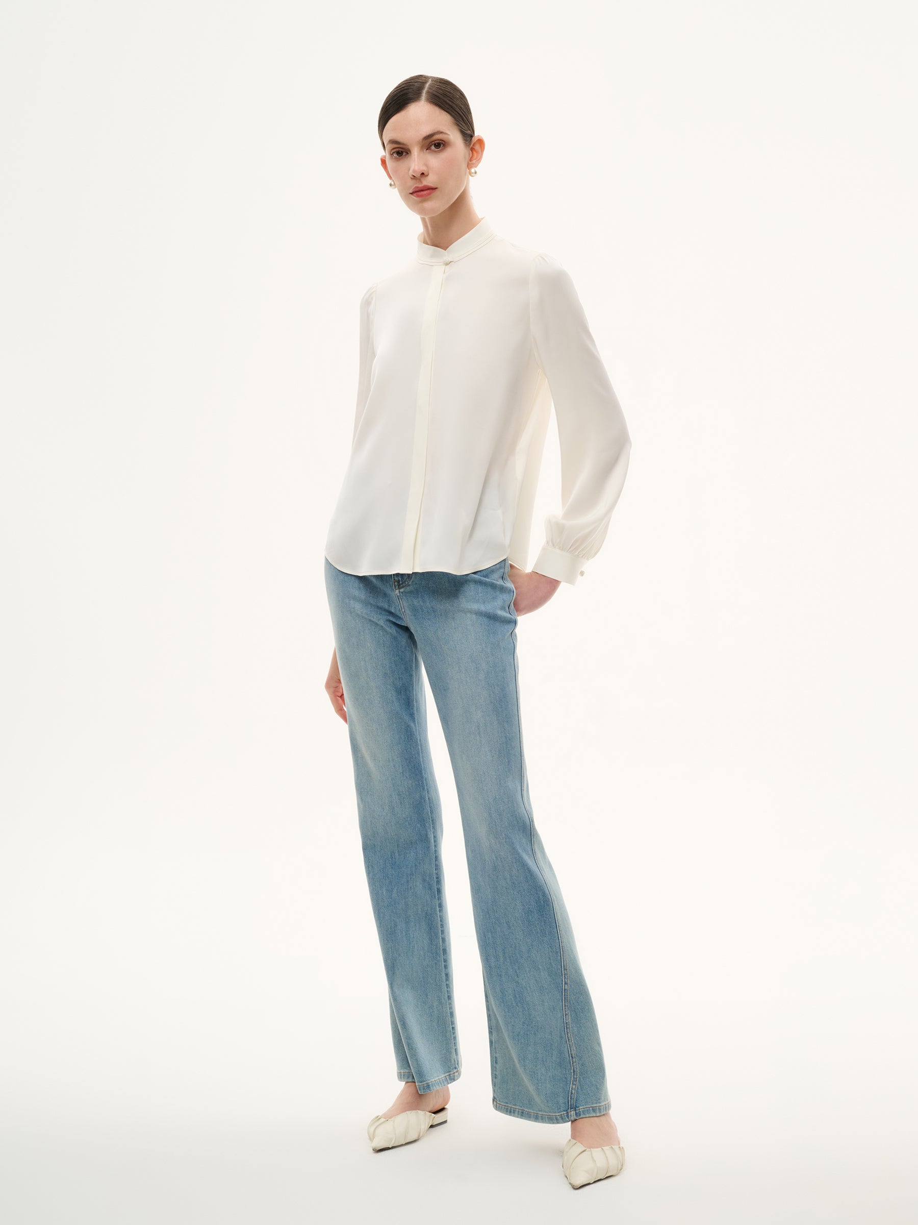 22MM Mulberry Silk Women Stand Collar Shirt GOELIA