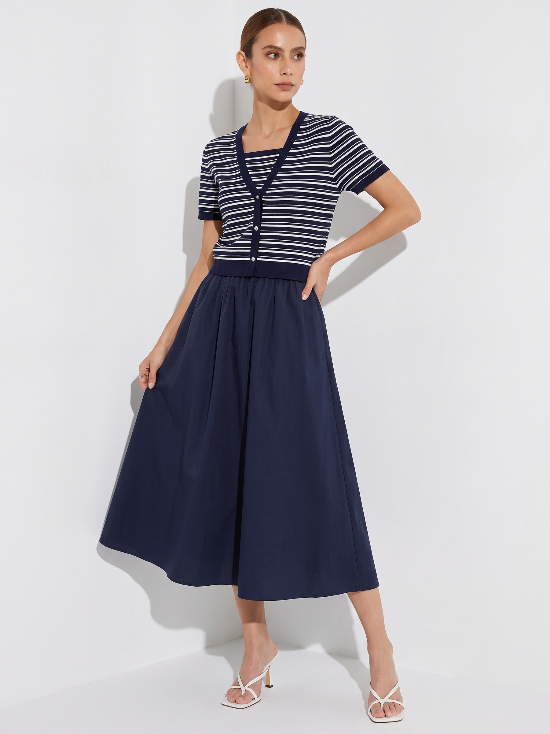 Tencel Blend Stripe Cardigan And Patchwork Strap Dress Two-Piece Set GOELIA