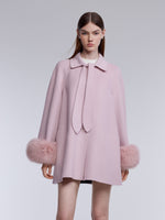[Preview] Tencel Wool Tie-Neck Women Coat With Detachable Fur Cuffs GOELIA