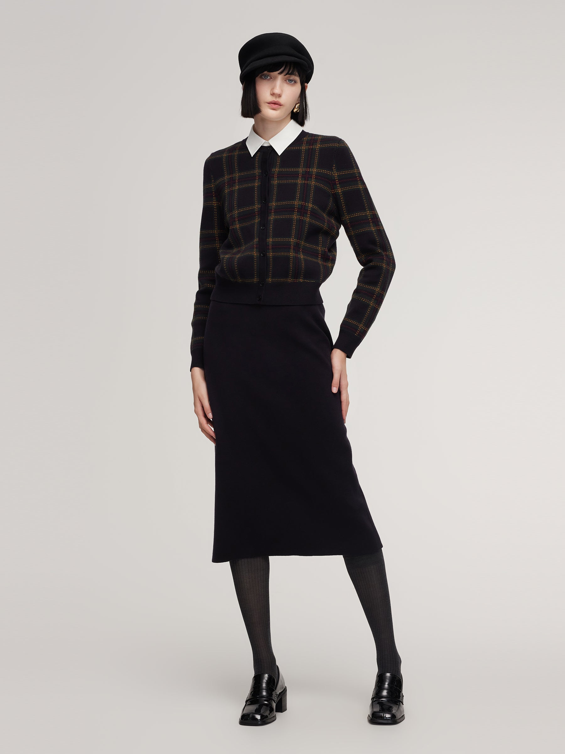 [Preview] Tencel Blend Plaid Cardigan And Skirt Two-Piece Set GOELIA