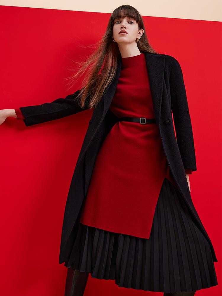 Mock Neck Long Sweater And Wool Pleated Skirt Two-Piece Set GOELIA