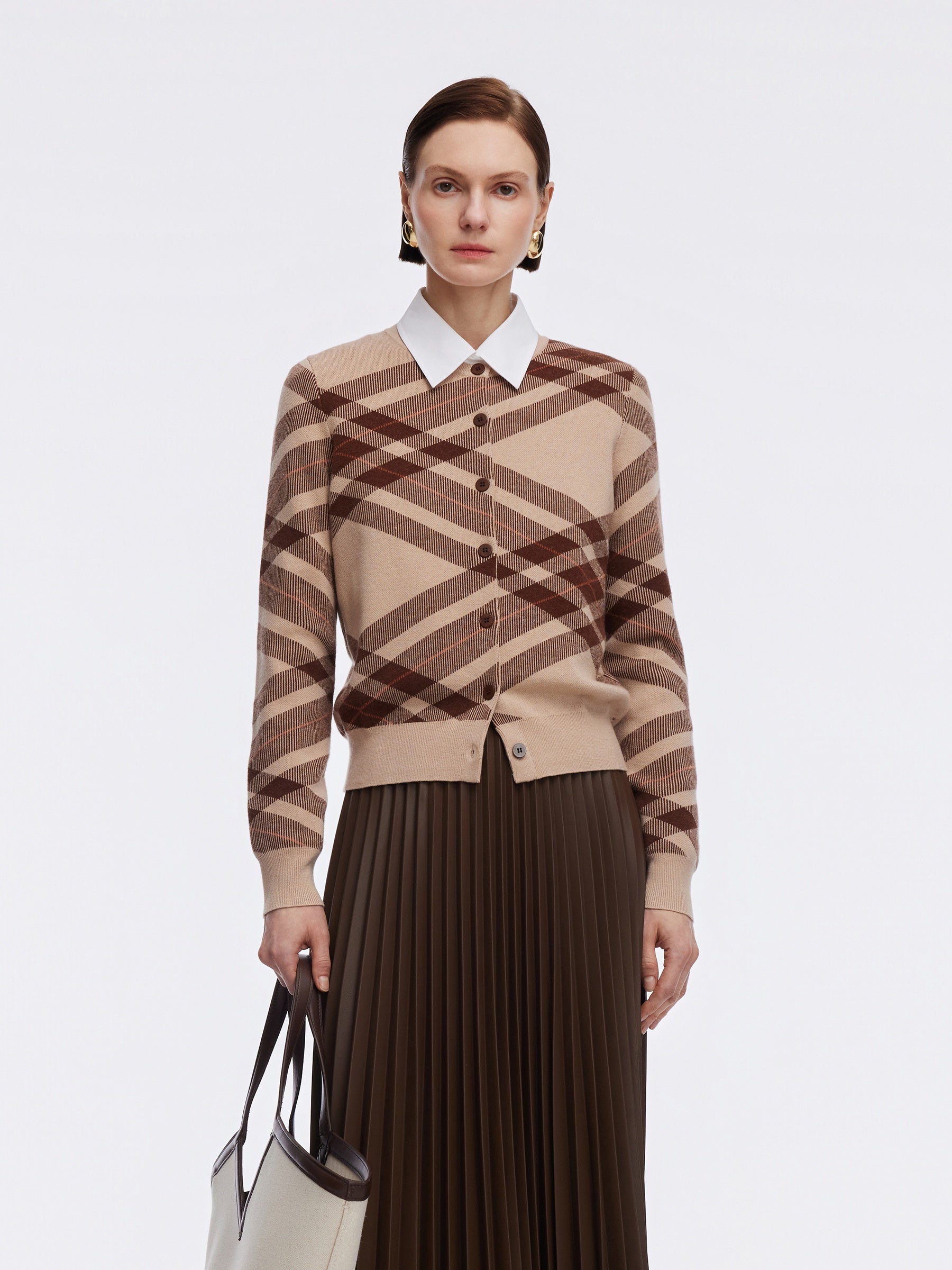 Tencel Wool Blend Plaid Women Cardigan GOELIA