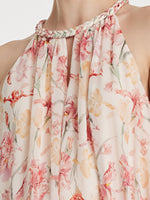 10 Momme Mulberry Silk Iris Printed Halter Ruffle Women Maxi Dress GOELIA