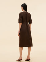 100% Linen Women V-Neck Midi Dress With Belt GOELIA