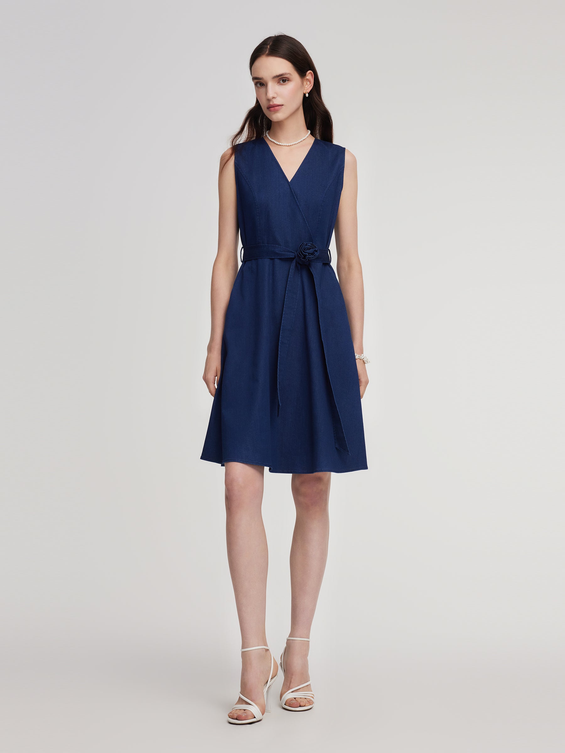 Denim Gathered Waist Sleeveless Women Self-Tie Belt Mini Dress GOELIA