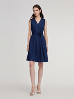 Denim Gathered Waist Sleeveless Women Self-Tie Belt Mini Dress GOELIA