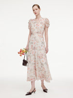 10MM Mulberry Silk Floral Print Women V-Neck Maxi Dress GOELIA