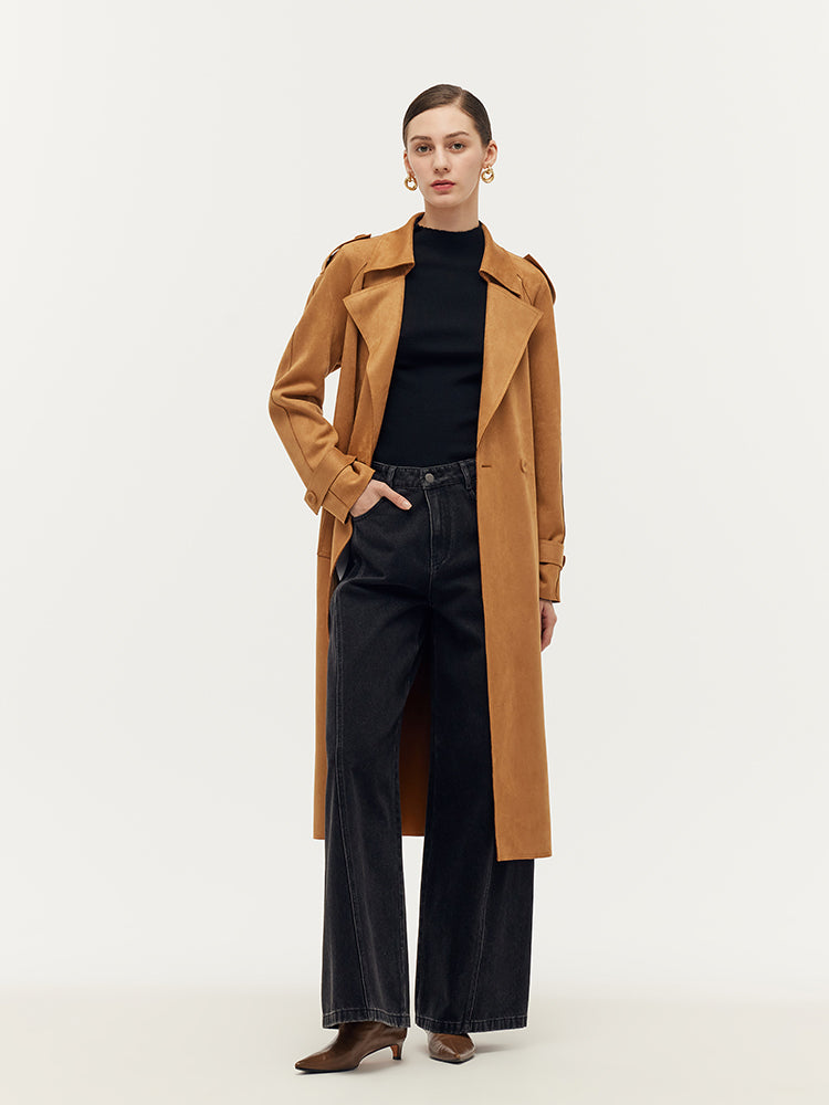Faux Suede Women Trench Coat With Belt GOELIA