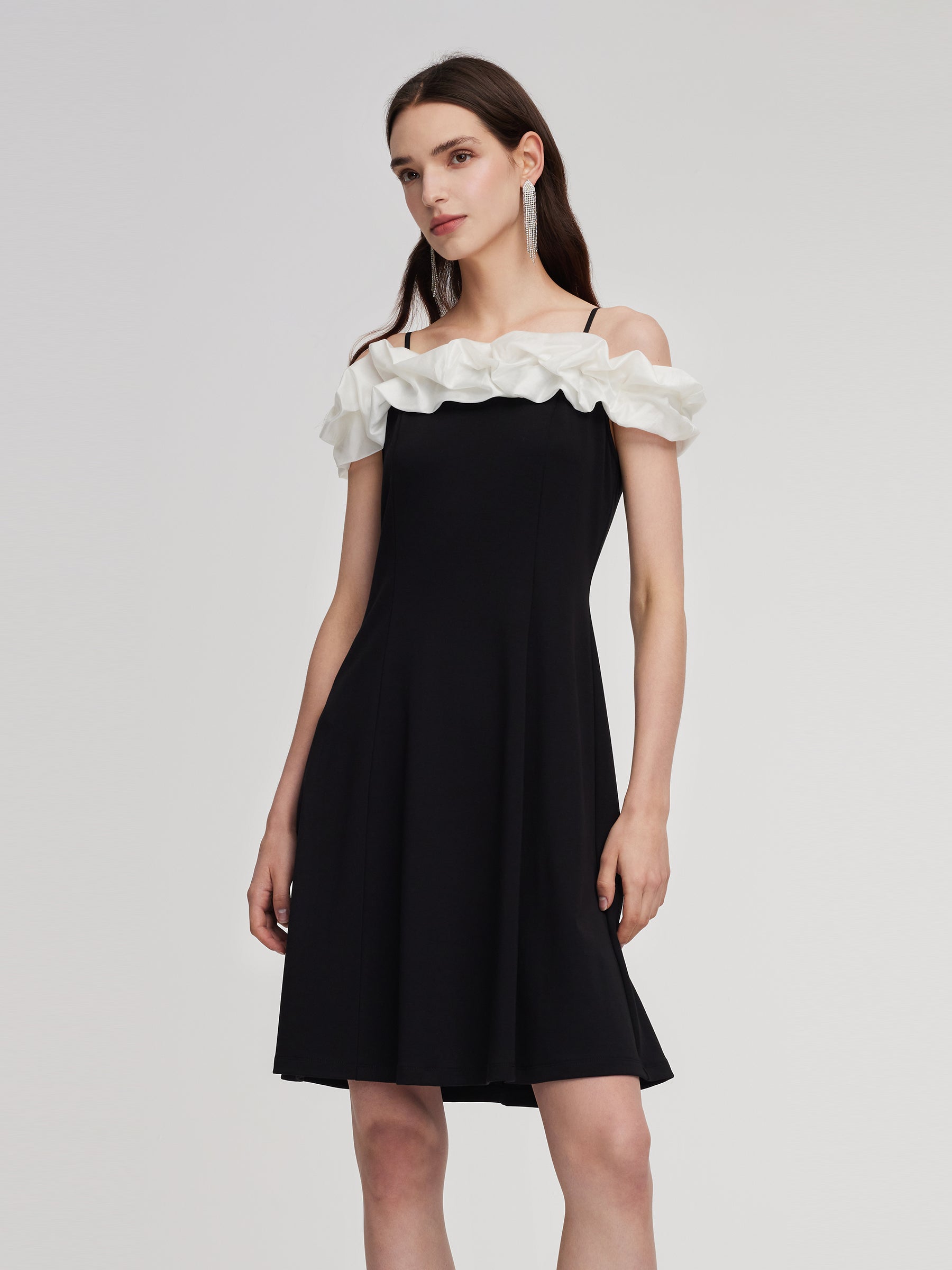 Color Block Ruffle Women Knit Mini Dress With Detachable Straps GOELIA