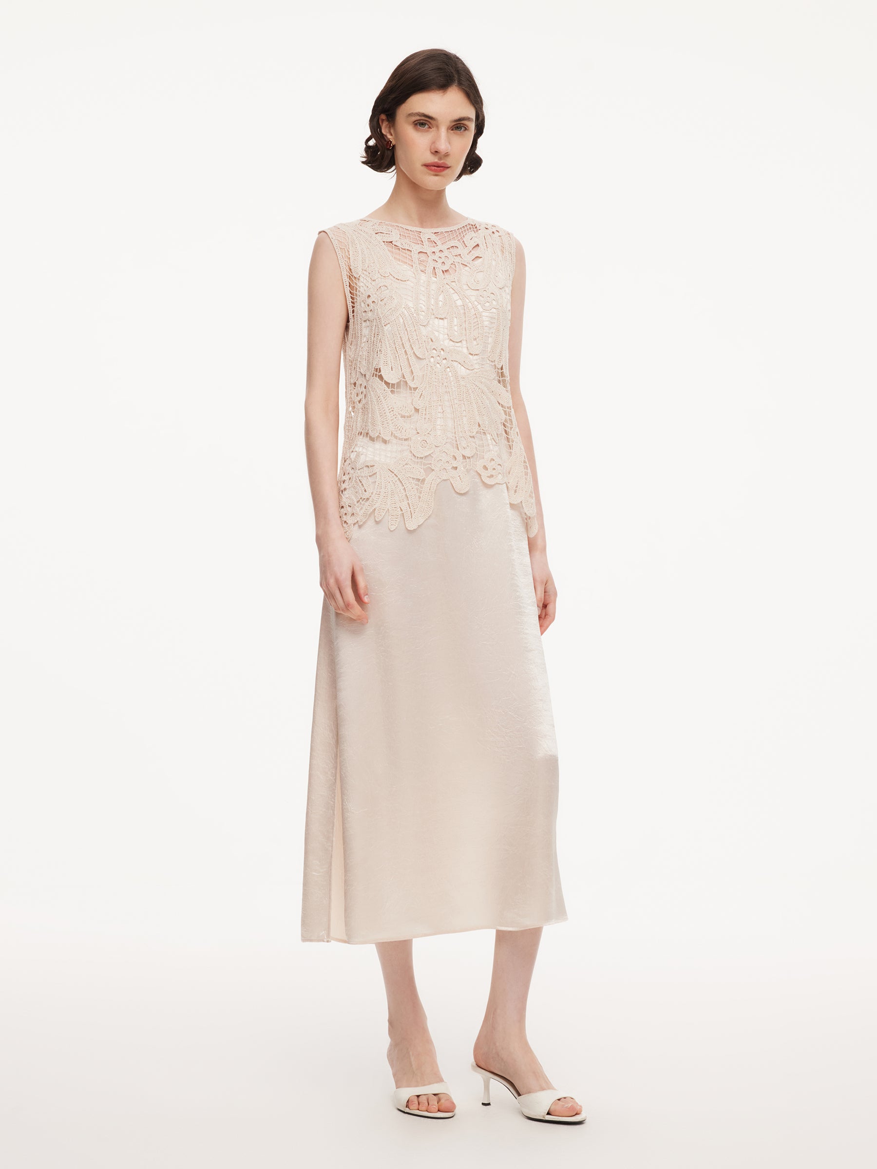 100% Acetate Openwork Crochet Tank Top And Slip Dress Two-Piece Set GOELIA