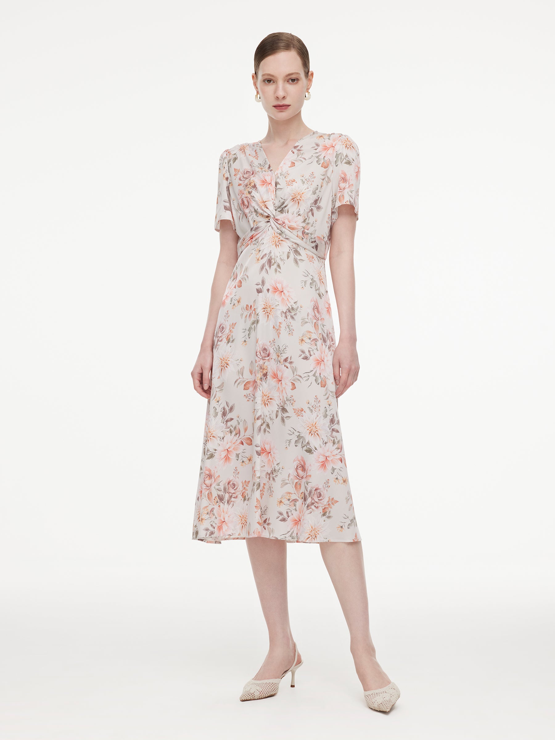 19MM Mulberry Silk Floral Print Twist Front Women Midi Dress GOELIA