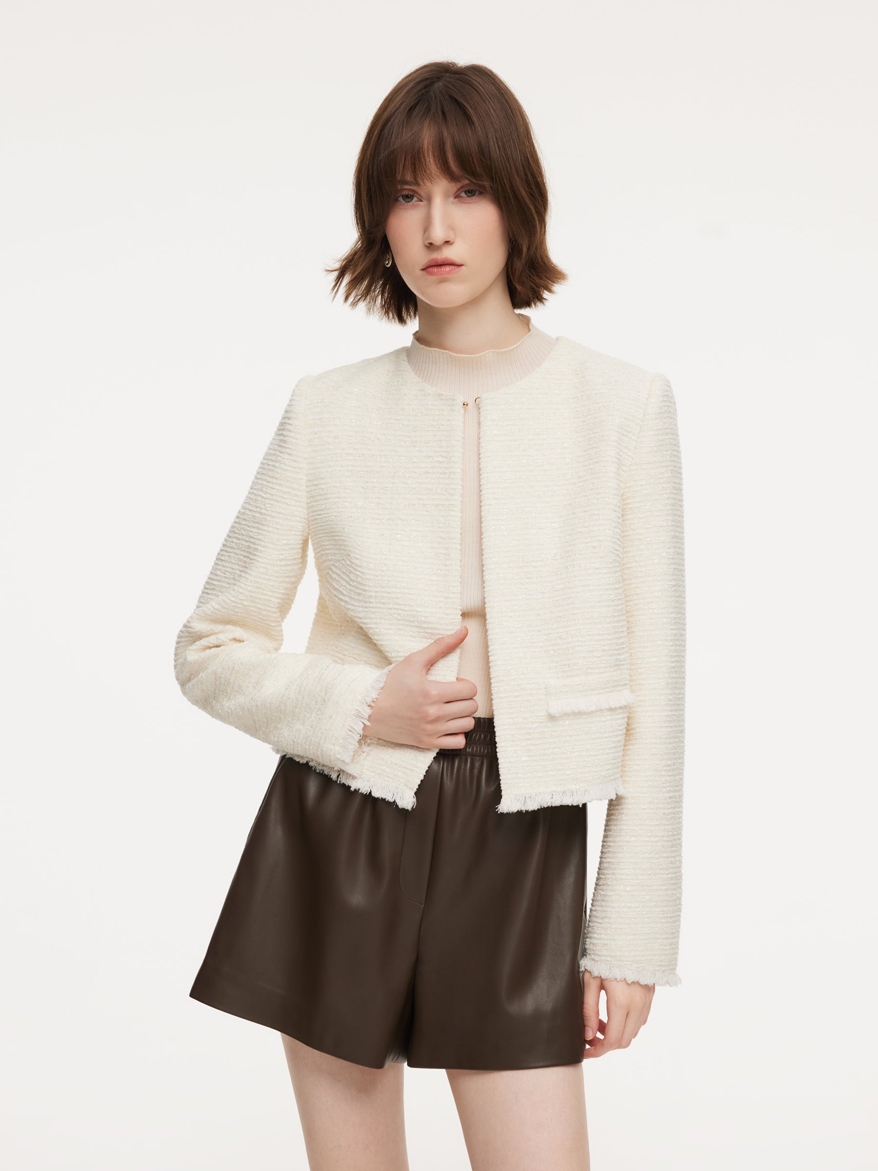 Tweed Round Neck Frayed Hem Women Cropped Jacket GOELIA