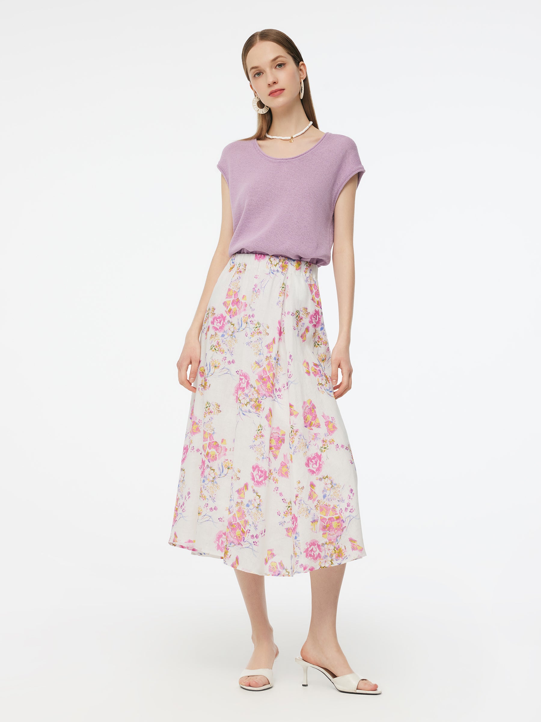 100% Linen Rose Print Women A-Line Skirt GOELIA