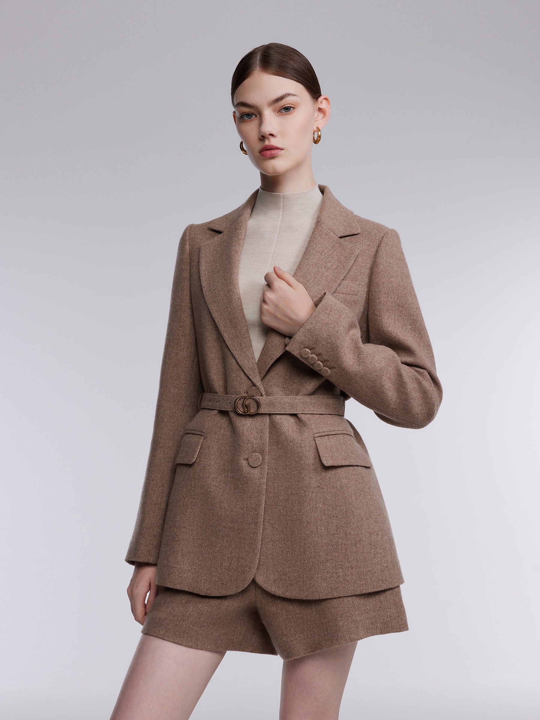 Washable Cashmere Wool Blend Women Belted Blazer GOELIA