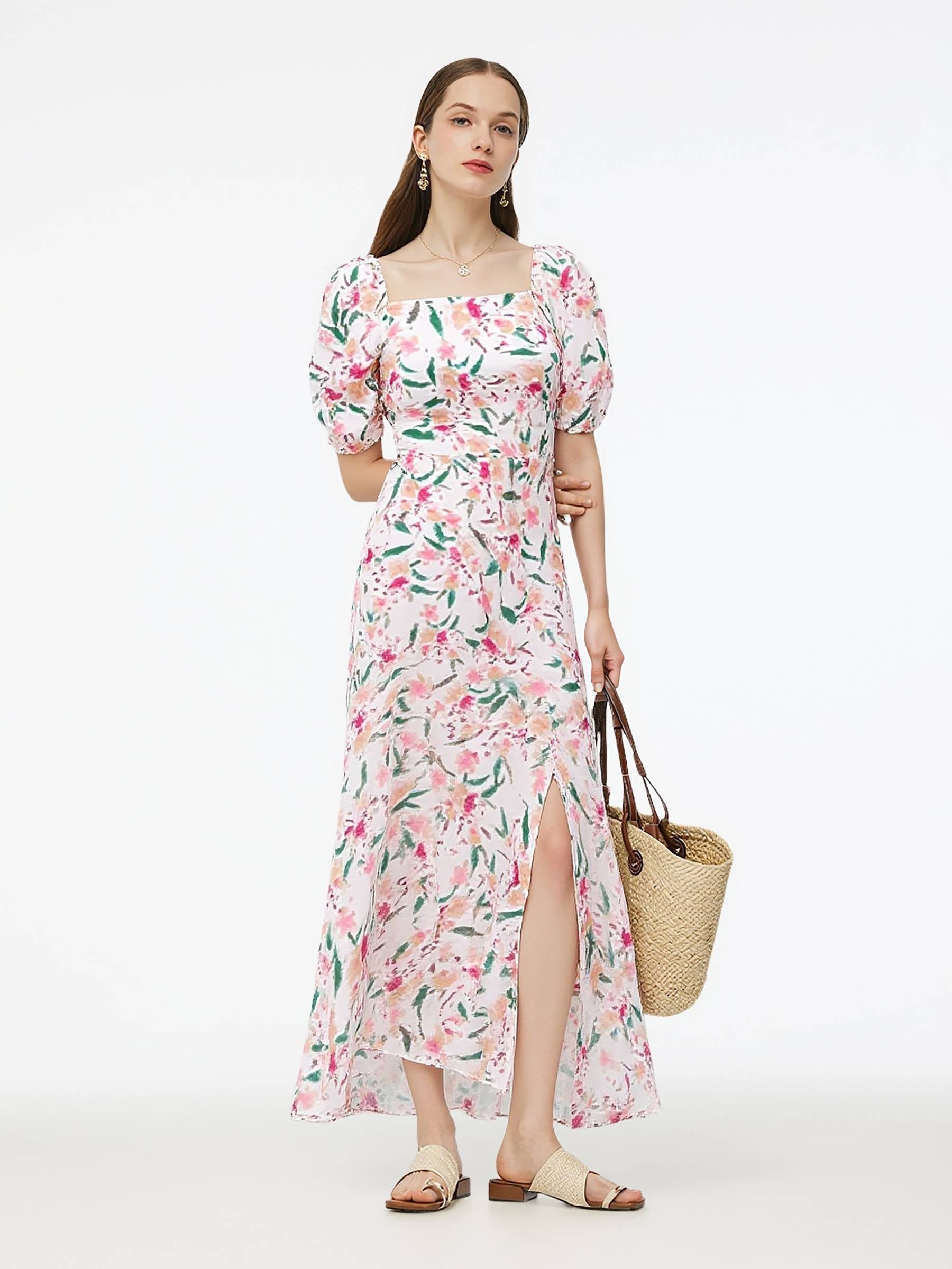 Silk Floral Print Women Midi Dress GOELIA