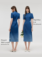 Gradient Denim Women Qipao Midi Dress GOELIA