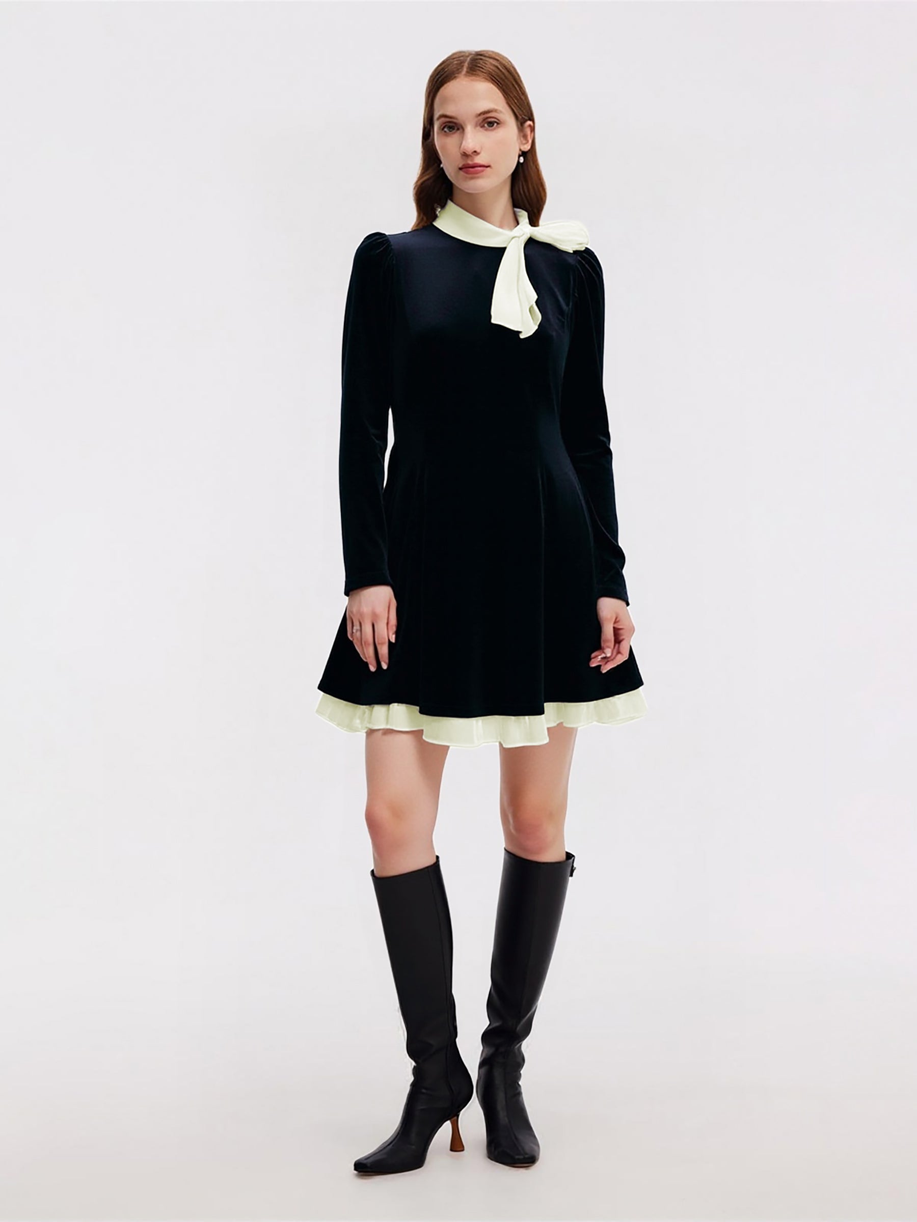 [Preview] Velvet Long Sleeve Women Mini Dress With Detachable Bowknot GOELIA