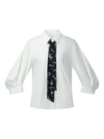 [Preview] 100% Cotton 3/4 Sleeve Women Shirt With Ribbon Print Silky Scarf GOELIA