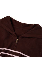 100% Wool Brown Stripe Women Hooded Zip-Up Cardigan GOELIA