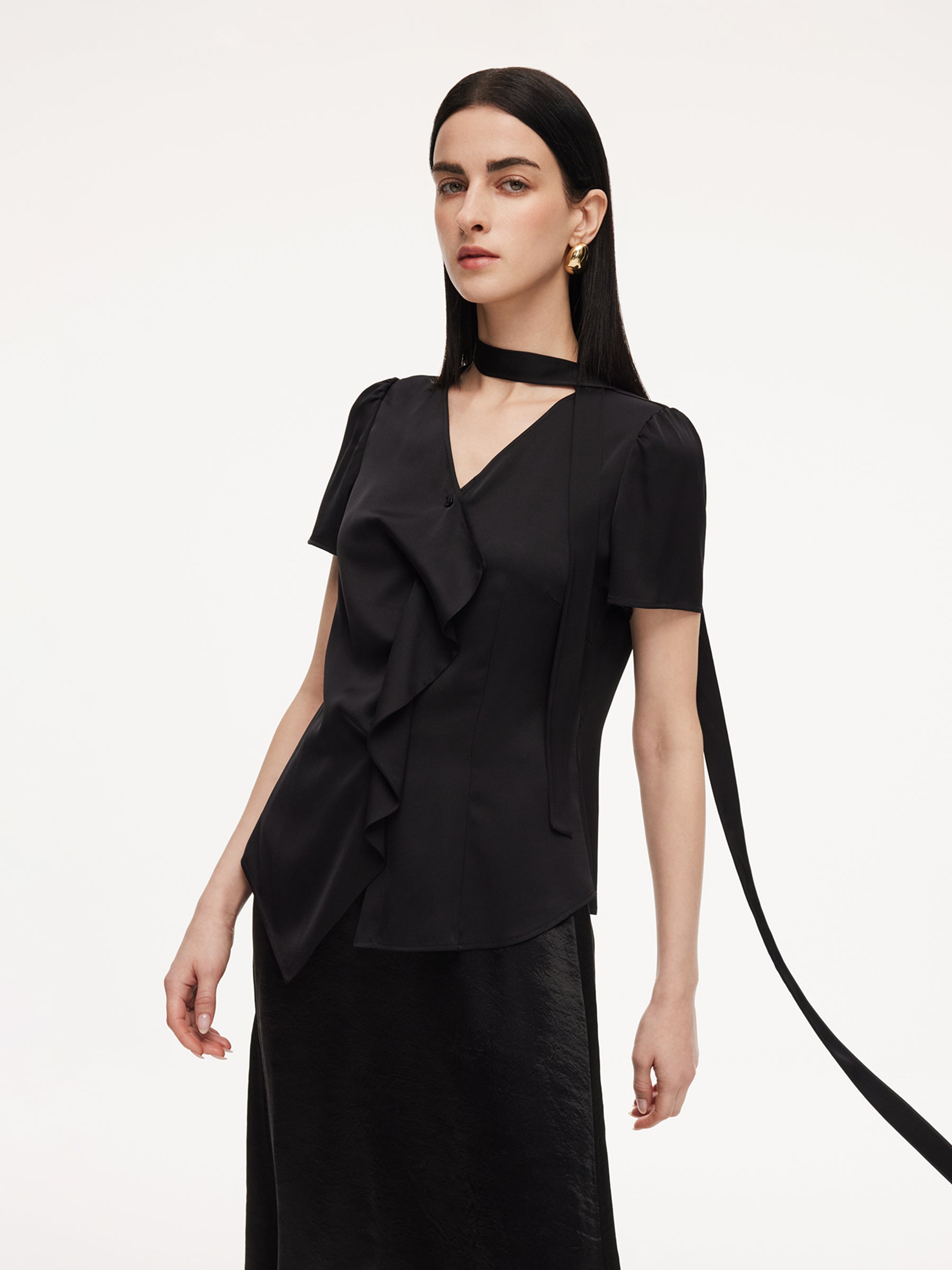 [Preview] 22MM Mulberry Silk Asymmetrical Hem Women Blouse With Ribbon GOELIA